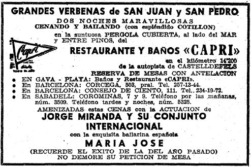 Anunci de les revetlles de Sant Joan i Sant Pere del restaurant-balneari Capri de Gav Mar amb l'actuaci de Jorge Miranda publicat al diari La Vanguardia el 20 de juny de 1962
